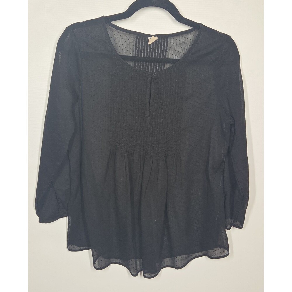 VTG 90s OLD NAVY Sheer Black Pintuck Swiss Clip Dot blouse MED Babydoll Peasant